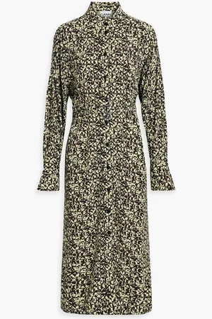Ganni Printed crepe midi shirt dress - Yellow