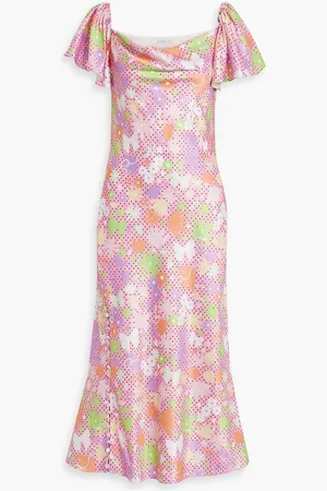 OLIVIA RUBIN Button-embellished printed satin midi dress