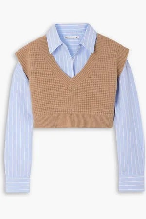 Alexander Wang Cropped layered wool-blend and striped cotton-poplin top - Brown
