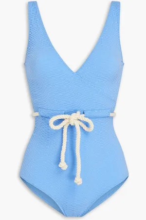 Lisa Marie Fernandez Yasmin wrap-effect rope-detailed stretch-seersucker swimsuit - Blue