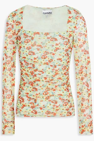 Ganni Ruched floral-print mesh top - Green