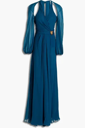 Roberto Cavalli Wrap-effect cutout silk-blend chiffon maxi dress - Blue