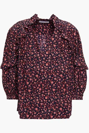Frame Cali ruffle-trimmed floral-print silk crepe de chine top - Blue