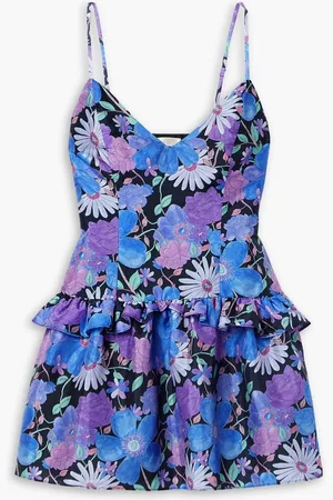 LOVESHACKFANCY Fabienne ruffled floral-print taffeta mini dress - Purple