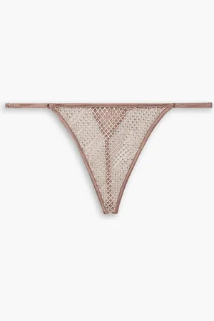 FLEUR DU MAL Crystal-embellished satin-trimmed mesh thong