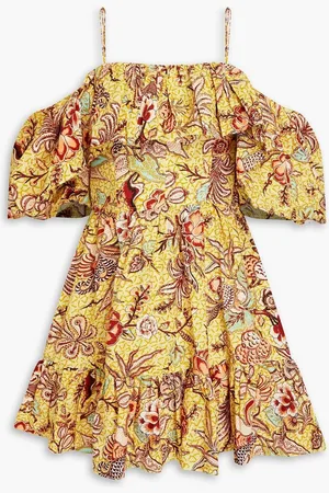 ULLA JOHNSON Lila cold-shoulder floral-print cotton-poplin mini dress - Yellow