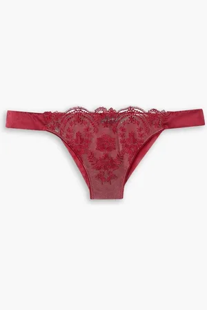 I.D. Sarrieri Tuscan Holiday satin-trimmed embroidered tulle thong - Burgundy