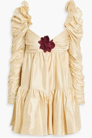 ZIMMERMANN Floral-appliquéd ruched silk-shantung mini dress - White
