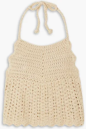 MIGUELINA Malen cropped crocheted cotton halterneck top - Neutral