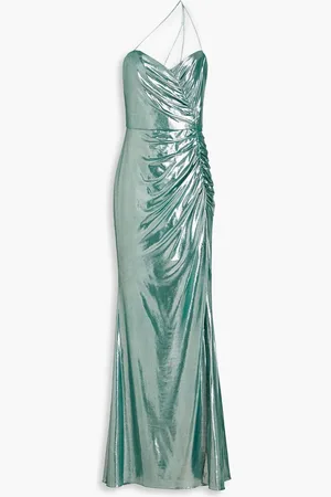 Marchesa Notte One-shoulder ruched metallic stretch-jersey gown - Green
