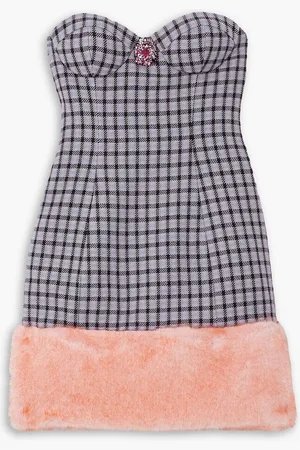 AREA Strapless embellished faux fur-trimmed houndstooth wool-blend mini dress - Purple