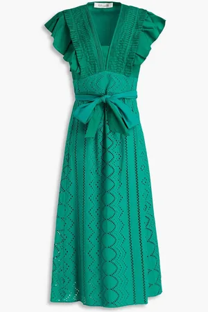 Diane von Furstenberg Poplin-paneled broderie anglaise cotton midi dress - Green