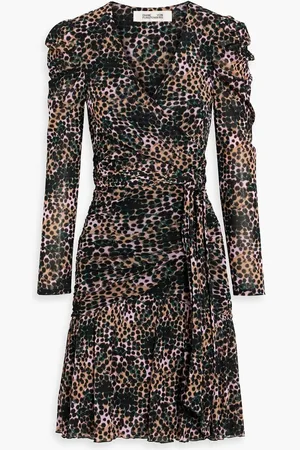 Diane von Furstenberg Viviette wrap-effect ruched printed stretch-mesh mini dress - Neutral