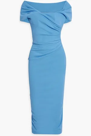 RHEA COSTA Chiara off-the-shoulder draped crepe midi dress - Blue