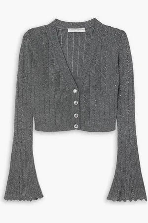 Alessandra Rich Cropped crystal-embellished metallic ribbed-knit cardigan - Metallic