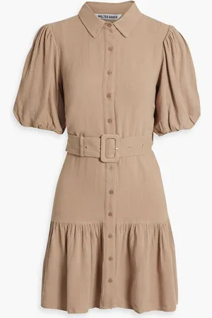Walter Baker Tyanna belted gathered woven mini shirt dress - Neutral