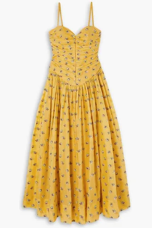 Tory Burch Pleated embroidered cotton-voile midi dress - Yellow