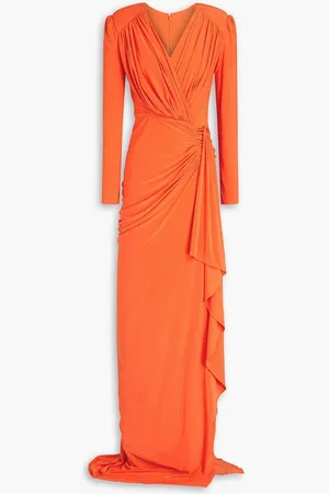 RHEA COSTA Wrap-effect draped satin-jersey gown - Orange