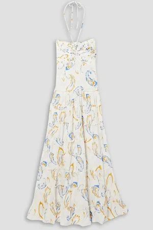 Evarae Phoebe tiered printed silk halterneck maxi dress - White