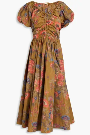 ULLA JOHNSON Cecile ruched floral-print taffeta midi dress - Brown