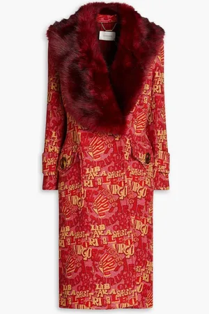 ZIMMERMANN Double-breasted faux fur-trimmed jacquard coat - Burgundy
