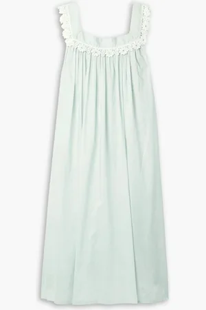 POUR LES FEMMES Crocheted lace-trimmed gathered cotton-voile nightdress - Green