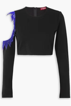 Staud Ellen cropped fringed cutout stretch-crepe top