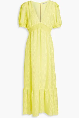 ALICE+OLIVIA Alice Olivia - Angela shirred fil coupé chiffon midi dress - Yellow