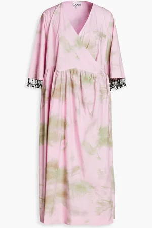 Ganni Cherry Blossom gathered printed cotton wrap dress - Pink