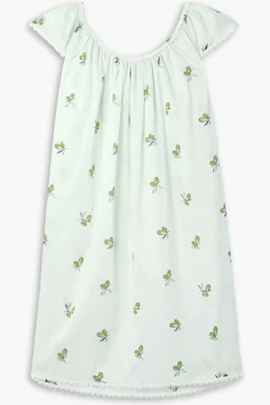 POUR LES FEMMES Crochet-trimmed ruffled printed cotton-voile nightdress - Green