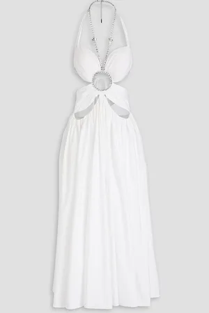 AREA Ruched embellished cotton-poplin midi dress
