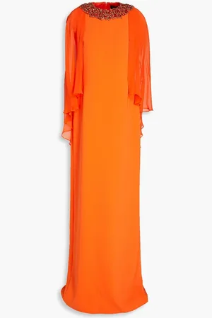 Jenny Packham Cape-effect chiffon and crepe gown - Orange