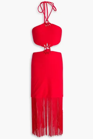 Leslie Amon Sol cutout fringed stretch-jersey halterneck midi dress