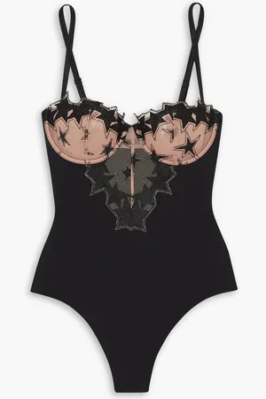 FLEUR DU MAL Super Star embroidered tulle and stretch-jersey thong bodysuit