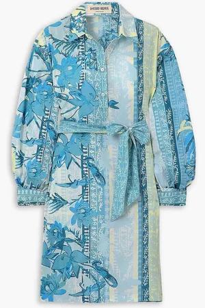 EMPORIO Odessa Blossom belted printed cotton-poplin mini shirt dress - Blue
