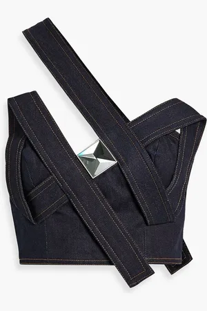 AREA One-shoulder cropped embellished denim top - Blue