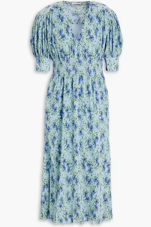 Ganni Shirred floral-print crepon midi dress - Blue