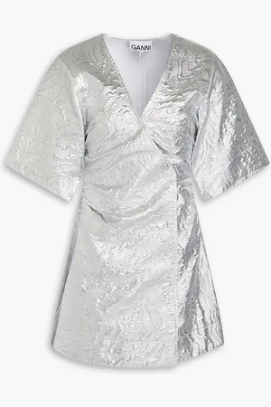 Ganni Metallic cloqué mini wrap dress - Metallic