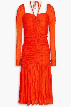 Ganni Ruched stretch-cloqué halterneck midi dress