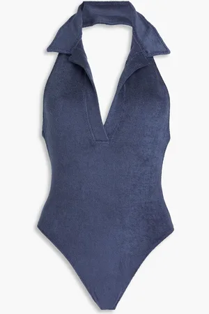 Lisa Marie Fernandez Stretch-cotton terry halterneck swimsuit - Blue