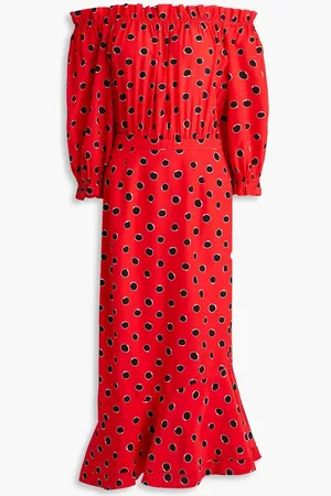 SALONI Grace off-the-shoulder polka-dot silk crepe de chine midi dress