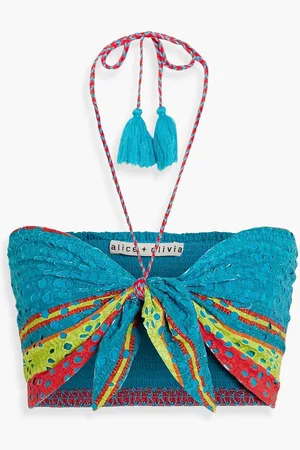 ALICE+OLIVIA Alice Olivia - Livia cropped broderie anglaise cotton halterneck top - Blue