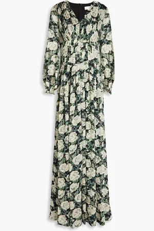 MIKAEL AGHAL Pleated floral-print crepon maxi dress - Green
