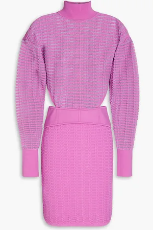 Hervé Léger Ribbed-paneled cutout textured-knit mini dress - Purple