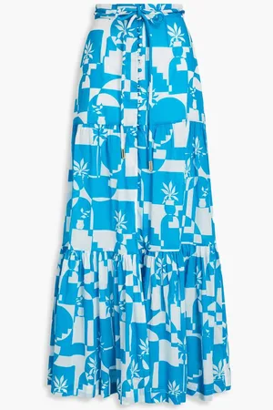 Rebecca Vallance Belted printed cotton-voile maxi skirt - Blue