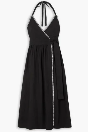 Three Graces London Jacqueline fringed linen halterneck midi wrap dress