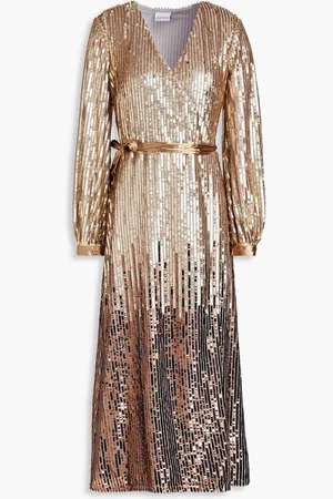 RAISHMA Gathered dégradé sequined tulle midi wrap dress - Metallic