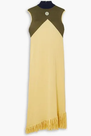 Lukhanyo Mdingi Asymmetric fringed color-block wool and silk-blend midi dress