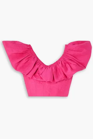 AJE Bubble cropped ruffled linen-blend top - Pink