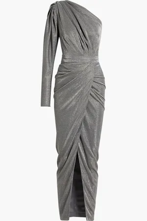 RHEA COSTA One-sleeve draped glittered jersey gown - Metallic